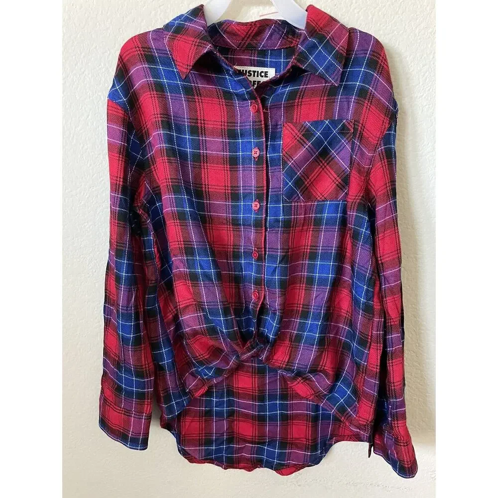 Justice Ladybug Red Perfect Plaid Button Up Collared Long Sleeve Shirt Size 8